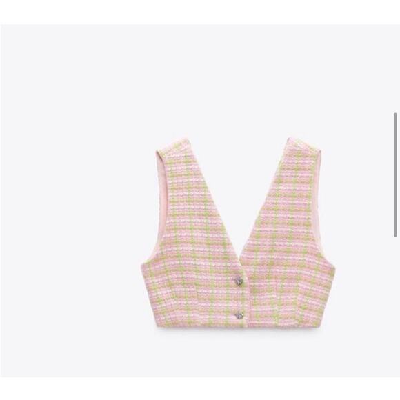 ZARA Pink & Green Tweed Cropped Vest - Vintage-Inspired Button Front Top - Picture 3 of 9